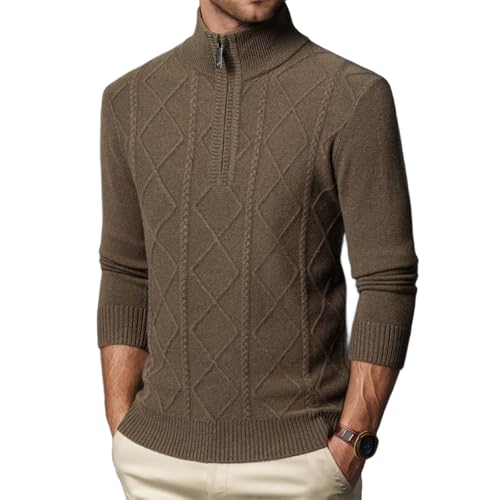 100% Wool Mens Zip Neck Sweater Irish Fisherman Cable Knit Winter Outdoor Pullover Aran Jumper