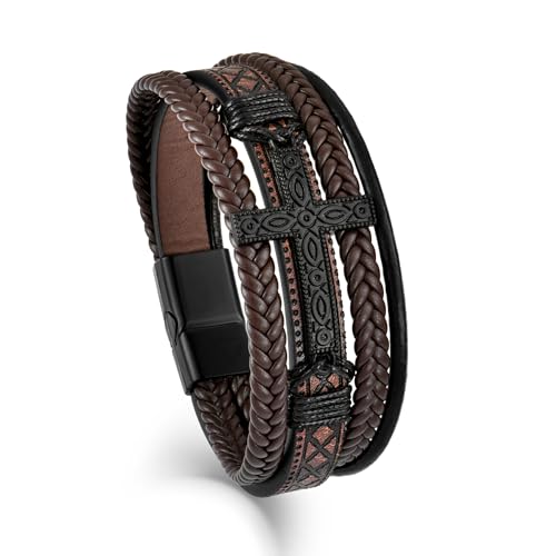 Mens Cuff Cross Bracelet Multi-Layer Braided Leather Cross Bracelet for Religious Bangle Wristband Faith Christian Jewelry for Men Teen