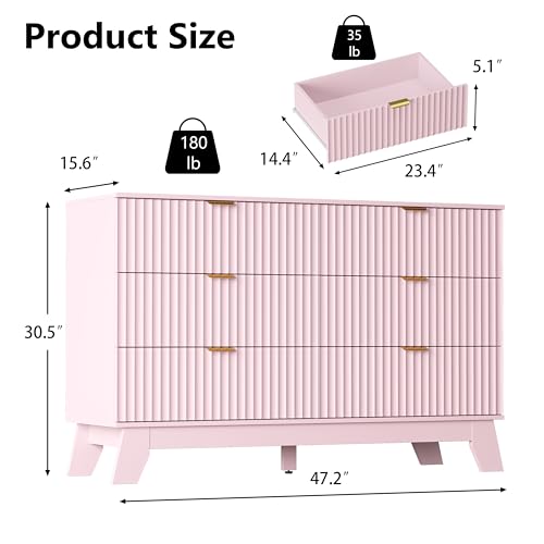 Image of Pink Dresser 6 Drawer Dresser for Bedroom, 47''W Fluted Wooden Dresser Storage Cabinet and Chest of Drawers with Metal Handle, Storage Organizer for Living Room, Hallway, Entryway