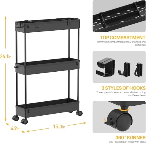Image of SPACELEAD 2-piece Set Slim Storage Cart 3 Tier,Bathroom Organizer Rolling Utility,Mobile Shelving Unit Slide Out for Office, Kitchen, Laundry Room & Narrow Places