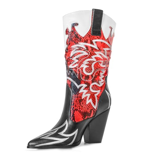 Image of Women Cowboy Boots Mid Calf Embroidered Cowgirl Knee High Chunky Heel Western Pointed Toe