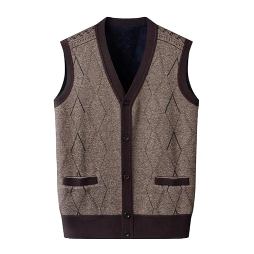 Men's V-Neck Sleeveless Knit Vest Button Down Cardigan Contrast Stitch Design Casual Winter Warm top, Brown, X-Large