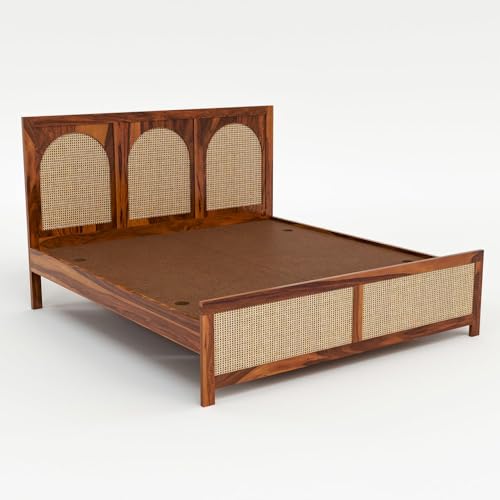 Image of Solid Sheesham Wood Queen Size Bed Without Storage for Bedroom Living Room | Wooden Double Bed Cot for Home Hotel | (Honey Finish-3 Round, Queen Size)