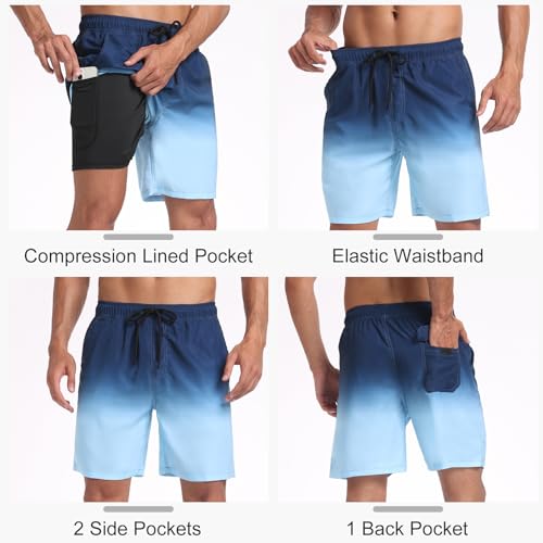 Image of Mens Swim Trunks with Compression Liner 2 in 1 Quick Dry Swimming Shorts Swimwear Bathing Suits with Pockets