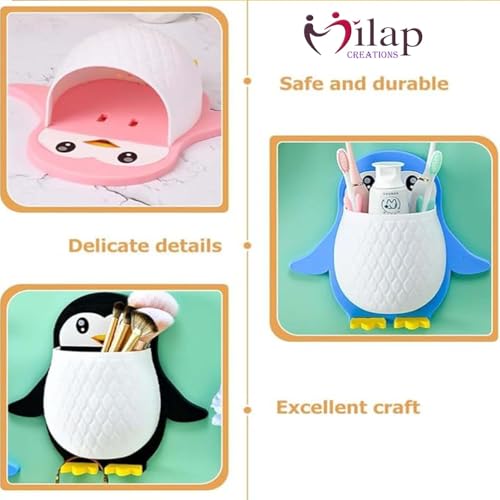 Image of Plastic Penguin Shape Wall-Mounted Toothbrush Holder, Self-Adhesive Plastic Bathroom Organizer, Multipurpose Storage Shelf for Kids & Adults (Multicolor Pack 1)