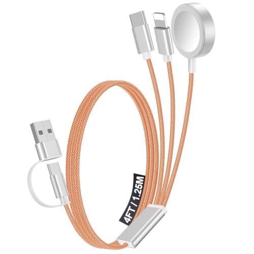 Image of 1Pack Multi Charging Cable Cord for Travel Essentials,Apple Watch Charger,iPhone Charger,[3-in-2] Type C /Lightning Cable Portable Designed for iWatch,iPhone 17-8,Galaxy S26-21,AirPods,iPad-4FT Orange