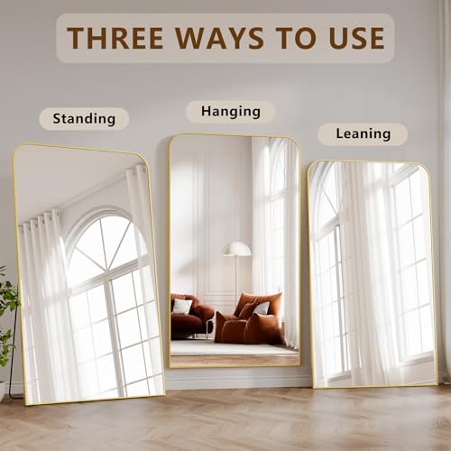 Image of Koonmi Full Length Mirror, 81 inchx41 inch Mirror Full Length with Stand, Gold Domed Top Square-Edged Floor Mirror with Aluminum Alloy Frame for Bedroom Living Room