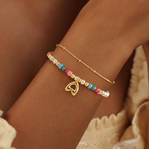 Colourful Beaded Initial Bracelets for Women Dainty Double Layered 14k Gold Bracelets for Women Non Tarnish with Letter Teen Girl Gifts Trendy Stuff Mom Sister Birthday Gifts Bubble Summer Jewelry3