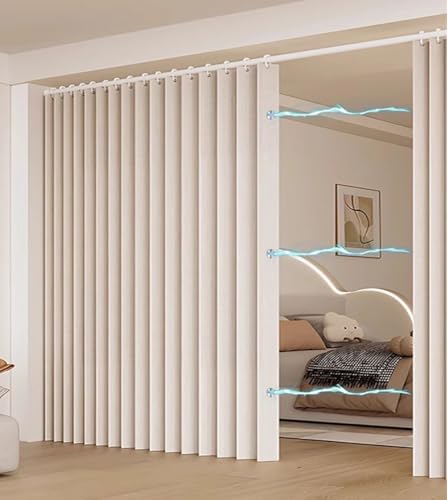 Cortina Plegable Separador de Ambientes, Cortina Ducha Plegable Magnetica Resistente, Divisor de Habitación, Dormitorio, Baño, Sala de Estar, Puerta de Acordeón(Beige,190x250cm)