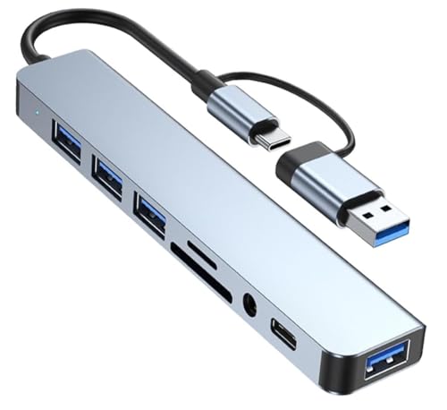 USB Hub Multiport Adapter 8-in-1 USB3.0/USB2.0 Expansion Dock with Type-C SD/TF Card Reader 3.5mm Audio High-Speed Data Transfer for Laptop Tablet Dual Connector Design