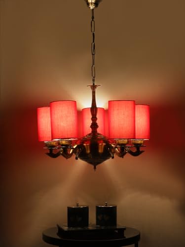Image of Devansh 05 Lights Red Round Cotton Shade with Antique Golden Chandelier