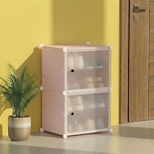 Image of ALOXE DIY Foldable Shoe Rack | 4 Layer Plastic Shoes Rack with Door Cover | Multipurpose Stand for Home & Entryway (Pink)