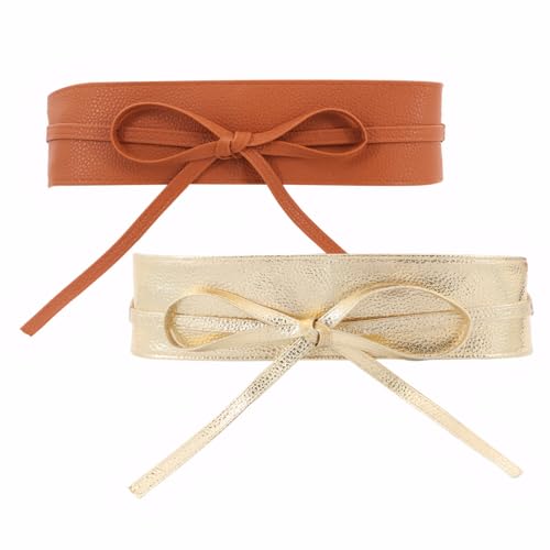 2 PCS Wide Belts for Women, Camel Gold Corset Belt, Fashionable Imitation Leather Design, Wrapped Bow Design, Suitable for Dresses, Gowns, Shirts