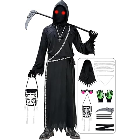 Invoibler Grim Reaper Costume, Scary Halloween Costume for Kids with Glowing Red Eyes Scythe Glove Trick or Treat Bag Cover