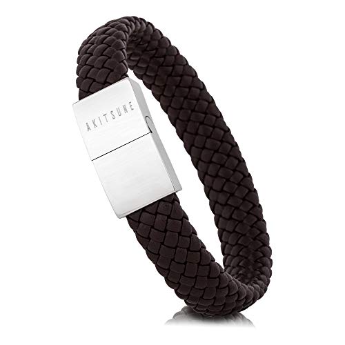 Akitsune Subtilitas Cuero Pulsera | Unisex Brazalete Hombre Hombreas Magnético Cierre Trenzado + Joyero - Plata - Marrón 19cm Cover
