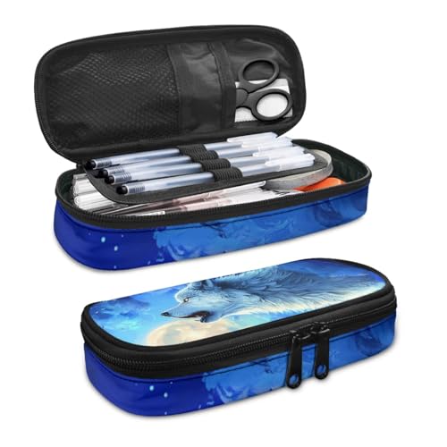Image of Girls Wolf Moonlight Pencil Case for School Class Lightweight Pen Cases Stationery Pouch Storage Bag with Zipper Pen Organizer Back to School Supplies