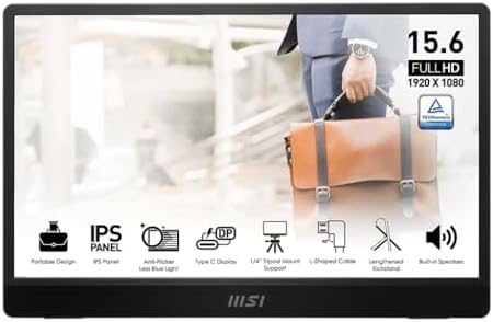MSI Pro MP161 E2 Portable Monitor, 15.6″ FHD IPS 1080p, USB Type-C, Mini-HDMI, Built-in Speakers, Perfect for PC, Mac, PS5, PS4, Xbox, Mobile, Metal Gray