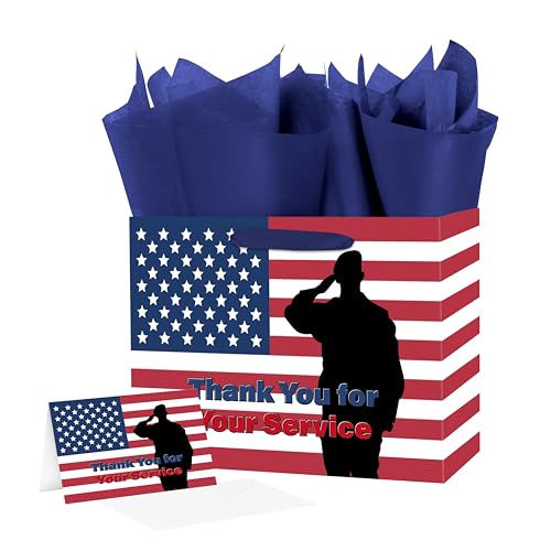 ysmile Veterans Gift Bag with Tissue Paper for Men Women Navy Army Theme Gift Wrapping 12.6"