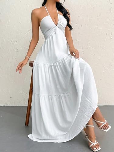 Image of Narecte Women's Maxi Summer Dresses Halter V Neck Beach Dresses for Women A-Line Casual Dress for Vacation