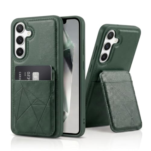 Image of amazon basics Premium Vegan Leather Back Cover with Card Holder and Integrated Mobile Stand for Samsung Galaxy S25FE 5G - Slim Shockproof Wallet Case with Geometric Stitching [Green]