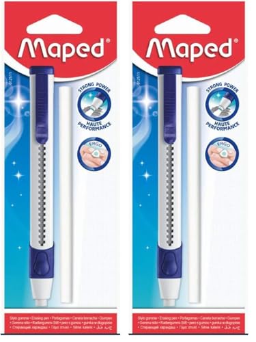 Maped - effizienter, ergonomischer Drei-Kant-Radier-Stift TECHNIC ULTRA GOM-PEN - x1 Radier-Stift + x1 zusätzlicher Ersatzradierer (Packung mit 2)