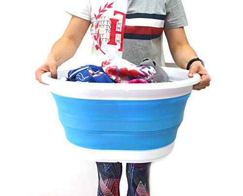 Image of SAMMART 22L (5.8 Gallon) Collapsible Plastic Laundry Basket - Oval Tub /Basket - Foldable Storage Container /Organizer - Portable Washing Tub - Space Saving Laundry Hamper (2, Sky Blue)