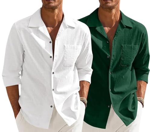 Image of Combo of Men's Casual Cotton Blend Shirt || Long Sleeve Button Down with Spread Collar | Lightweight Breathable Fabric | Stylish Solid Shirt for Beach, Office & Everyday Wear Pack of 2