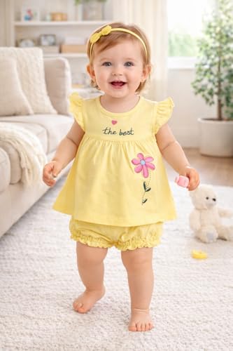 Image of Baby Girls Frock Dress with Bloomer Set | Short Sleeve Polka Dot Inner Layer & Bow Detail Special for 0-6 Months