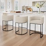 LUE BONA 27" H Counter Height Bar Stools Set of 3, Modern Barrel Counter Stools with Backrest and Arms, Black Metal Frames, Linen Fabric Upholstered Accent Barstools for Kitchen Island, Linen Color