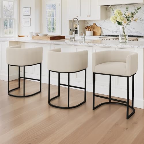 Image of LUE BONA Counter Height Bar Stools Set of 3, Modern Barrel Counter Stools with Backrest and Arms, Black Metal Frames, Linen Fabric Upholstered Accent Barstools for Kitchen Island, Linen Color