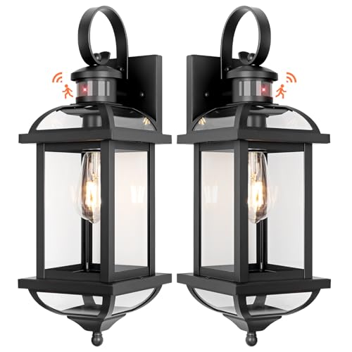 Roravilila Lot de 2 lampes de porche avec détecteur de mouvement de 40,6 cm - En aluminium - Antirouille - Noir - Pour l'extérieur - Grande lumière extérieure - Pour la maison