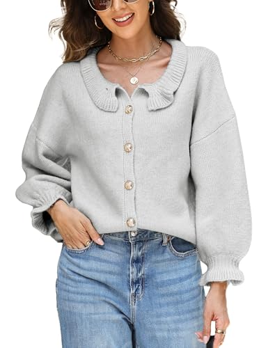 Womens Ruffle Cuff Cardigan Button Up Ribbed Floral Collar Open Front Long Sleeve Loose Knitwear Sweater