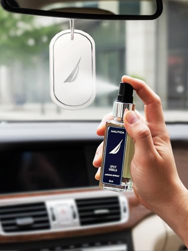 Image of NAUTICA Luxury Car Fragrance Spray with Hanging Tag Card | Spicy Vanilla | 50ml premium Car Air Freshener | 300+ Sprays | Long Lasting Car Freshener | Car Odour Remover