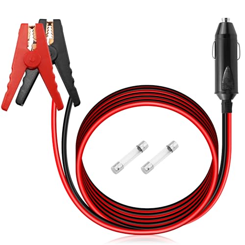HATMINI 10FT Abrazadera de cocodrilo de a cable de encendedor de cigarrillos macho, 12 V/24 V 18 AWG encendedor de cigarrillos macho a clips de batería Cable de extensión adaptador con fusible de 10 A