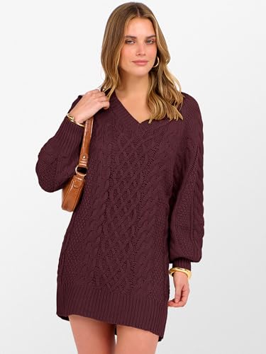 ANRABESS Womens Long Sleeve V Neck Oversized Cable Knit Mini Sweater Dresses 2025 Fall Trendy Baggy Pullover Tunic Outfits2