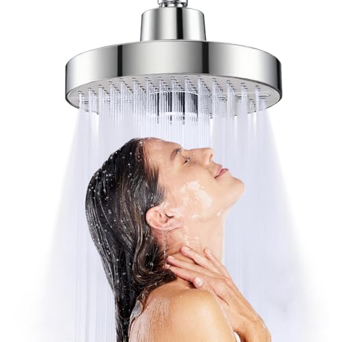 JINYOMFLY Pommeau de Douche Pluie 17,5cm, 5 Modes Pomme de Douche Haute Pression, Rond Tete de Douche Anti Calcaire, Chrome