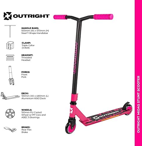 Outright Midas Stunt Scooter for Kids, Adults, Boys, Girls. Advanced Kick T-Bar Stunt Scooter with ABEC 5 Bearings, Multiple Colour Beginner Stunt Scooters