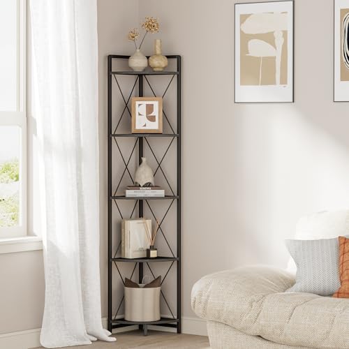 Cerlyunzan 5 Tier Corner Shelf Stand 64 H Tall Corner Bookshelf Black