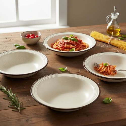Image of Beyond Homes Ceramic Pasta Plates Shallow, 18cm, Set of 4, White Brown | Matte Finish Ceramic Pasta Bowl | Flat Stoneware Pasta and Maggie Bowl | Chip-Resistant | Microwave Safe; (4, White Brown Rim)
