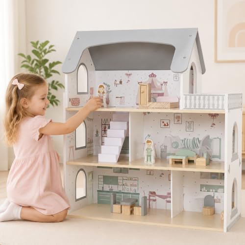 Wooden Dollhouse Playhouse with Furniture and Accessories