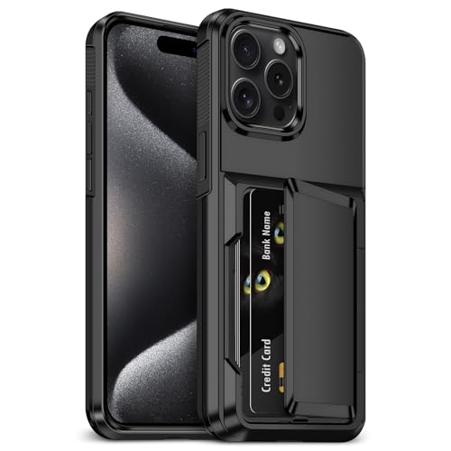 Aolcev for iPhone 15 Pro Max Case with Card Holder [Max 4 Cards] Heavy Duty Protective Shockproof Cases Dual Layer Hard PC Soft TPU Bumper Card Slot Wallet Case for iPhone 15 Pro Max Phone Case-Black