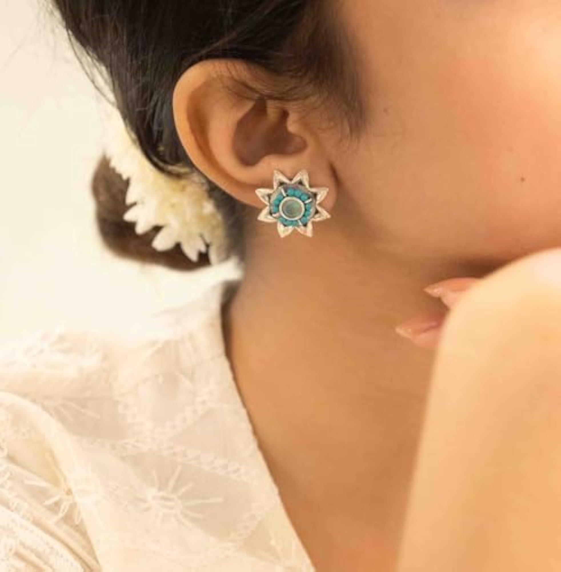 Women's 925 Sterling Silver Drop Stud Earrings, Floral Design