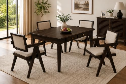 Image of Solid Sheesham Wood 4 Seater Dining Table Set with 2 Drawers & Cushioned Back Chairs | 45 x 32 x 30 Inch Wooden Dining Table for Dining Room, Kitchen & Home