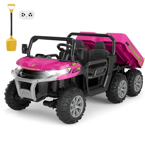 Hetoy 24V Ride on Dump Truck with Remote Control, Electric Dump Bed, Electric Utility Vehicles UTV 4WD Battery Powered 6 Wheeler Ride On Toys for Boys