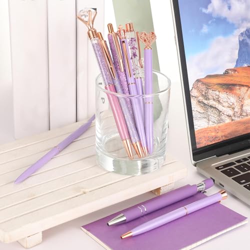 Image of Janmini Metal Crystal Glitter Ballpoint Pen Set 9 Pcs Crystal Glitter Ballpoint Pen for Diary Black Ink Cute Cute Things Novelty Gifts for Women Girls Birthday Home Office (Purple)