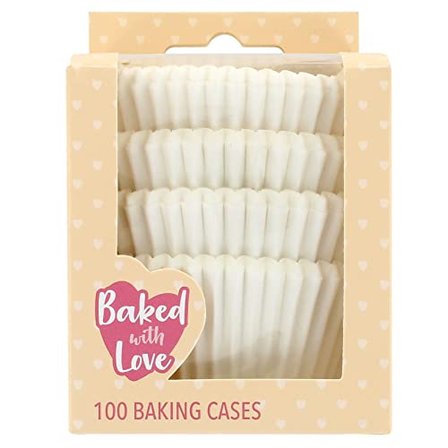 Baked with Love White Cupcake Cases Baking Cups Greaseproof Paper Cases for Muffins and Cupcakes Pack of 100 50541