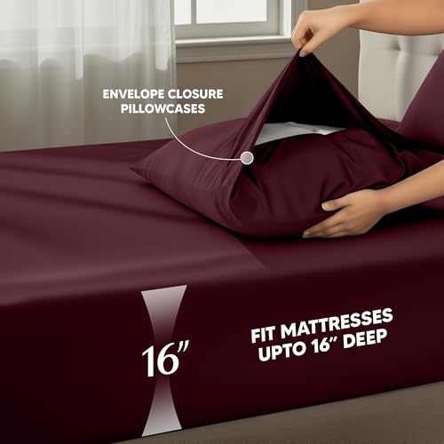 Image of Utopia Bedding Queen Size Sheet Set - 4 Piece Bed Sheets, Soft and Breathable Microfiber, Includes 1 Fitted Sheet, 1 Flat Sheet and 2 Pillowcases - Oeko Tex (Burgundy)