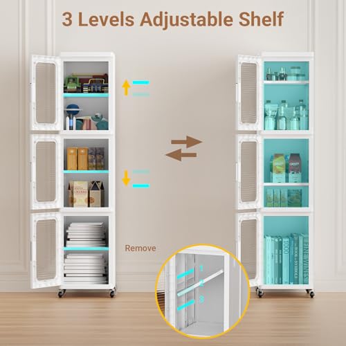 Image of BROVIEW 3-Tier Tall Narrow Storage Cabinet Organizer, Slim Bathroom Cabinets with Adjustable Shelves and Doors, Plastic Kitchen Pantry Organizers and Storages for Small Space, Laundry, White