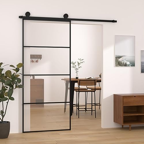 Refined Puerta corredera con set herrajes vidrio ESG aluminio 90x205 cmNegro 3 barras horizontales