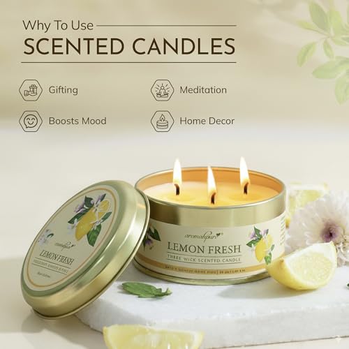 Image of Aromahpure Lemon 3 Wick Candle in Container with Lid | 85g | Burn Time 7 Hours | Scented Candle | Relaxing Aromatherapy Candles for Home Decor, Gifting, Bedroom & Spa